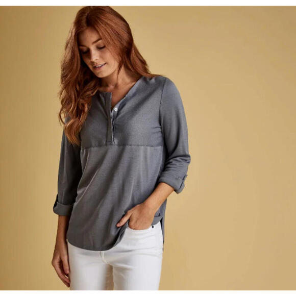 Barbour Tops - Barbour Summer Tartan Carron Top Mercury Grey Roll Back Sleeves Curved Hem US 6